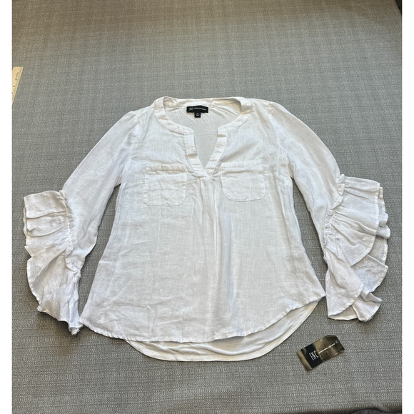 INC Linen Shirt Womens XS White Ruffled‎ Sleeves V Neck Boho Romantic Feminine - Picture 1 of 10